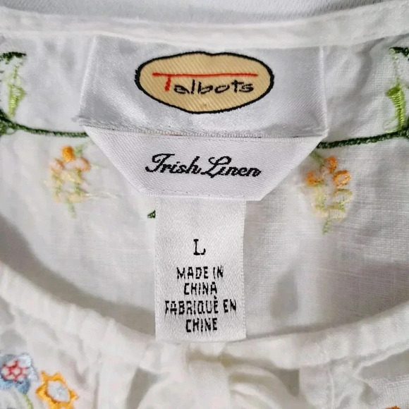 Talbots White Irish Linen Blouse Embroidered Ruffle Sleeve Womens Size Large - Picture 7 of 10